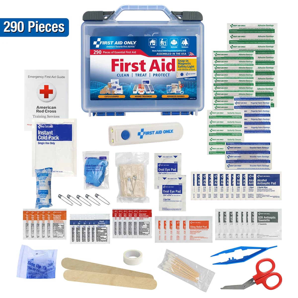 OSHA compliant 290 piece all purpose first aid kit featuring magnetic flashlight for quick access
