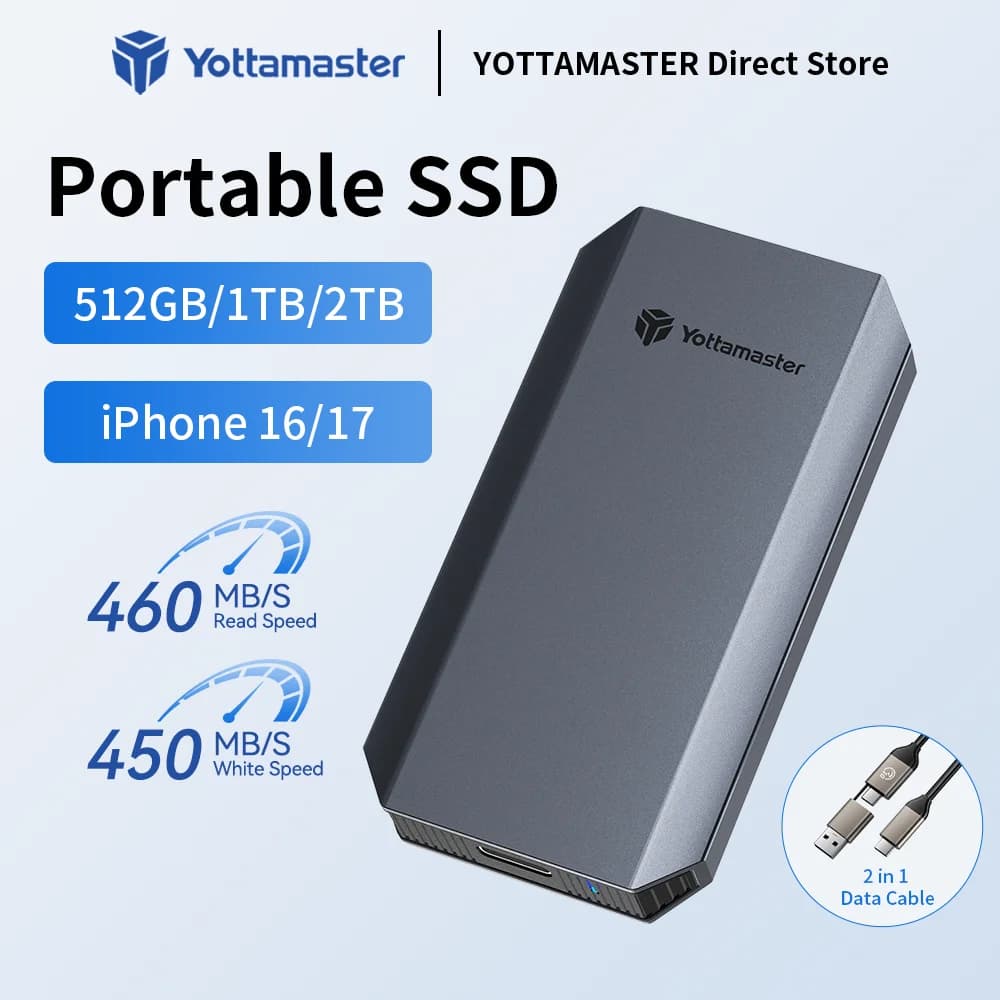 Yottamaster Portable SSD 5Gbps 512GB 1TB 2TB 460MB/s Portable Solid State Drive Storage 2 in 1 Data Cable For Smartphone Laptop
