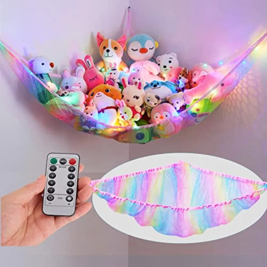 Stuffed Animals Net Hammock Toy Storage with LED Light Plush Toy Organizer Corner Hanging Stuffed Animals Holder For Nursery Ro