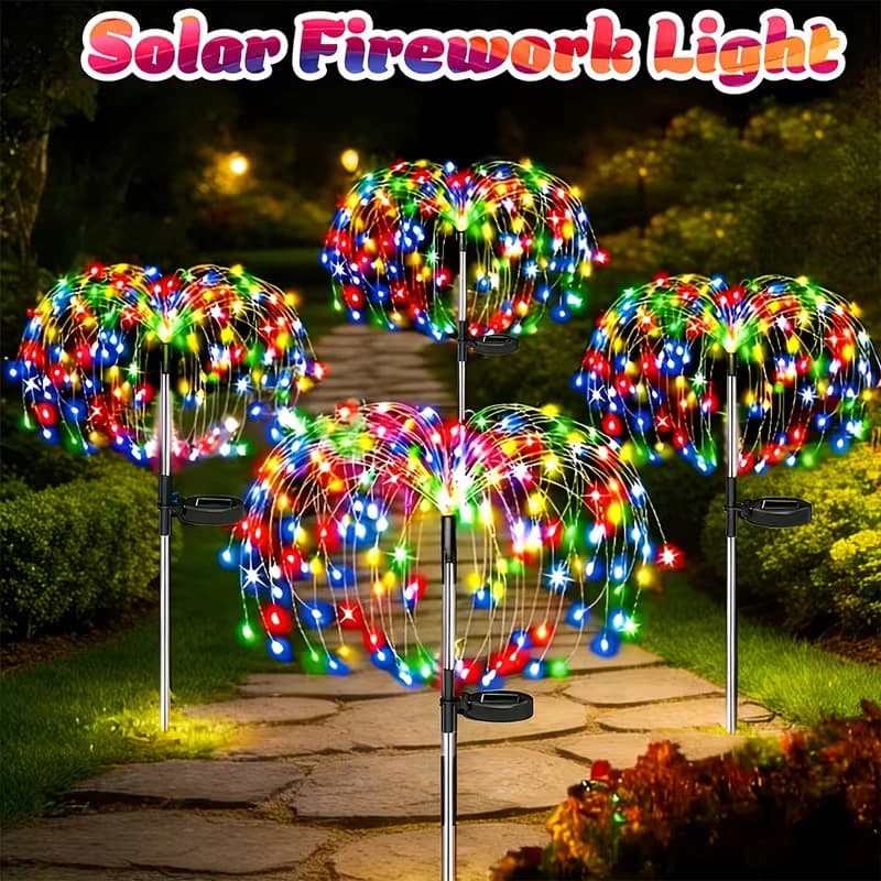 Set di 4 Luci Solari Impermeabili a Forma di Fuochi d'Artificio, Illuminazione Decorativa da Giardino per Esterni, Cortile e Sentieri