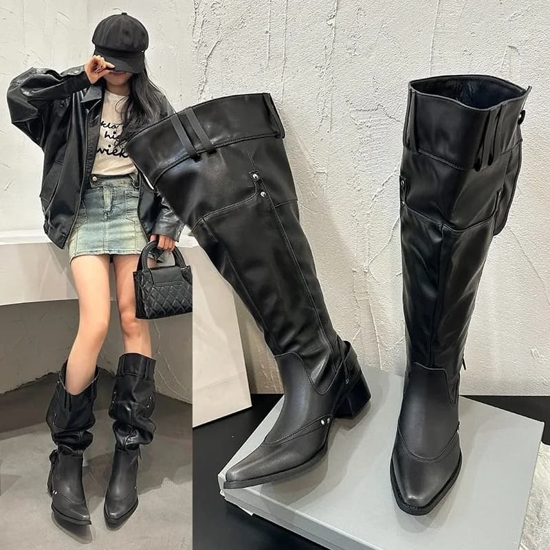 Women's Wrinkle Boots Spring Summer Tip with Studs Metal Buckle Side Hinge without boots with wide heel on the knee