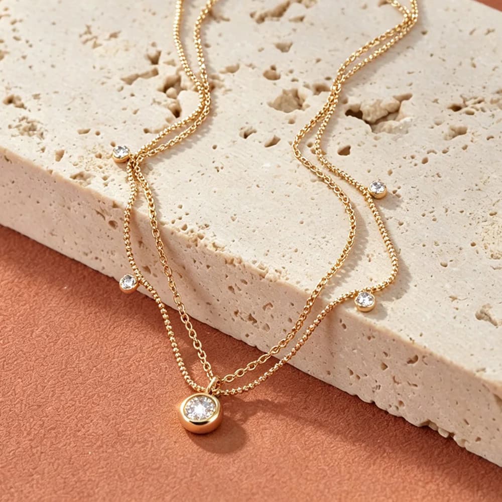 JeeMango Double Layer Zircon Staniless Steel Choker Necklace Waterproof Gold Plated Stacked Fashion Jewelry for Women N26073