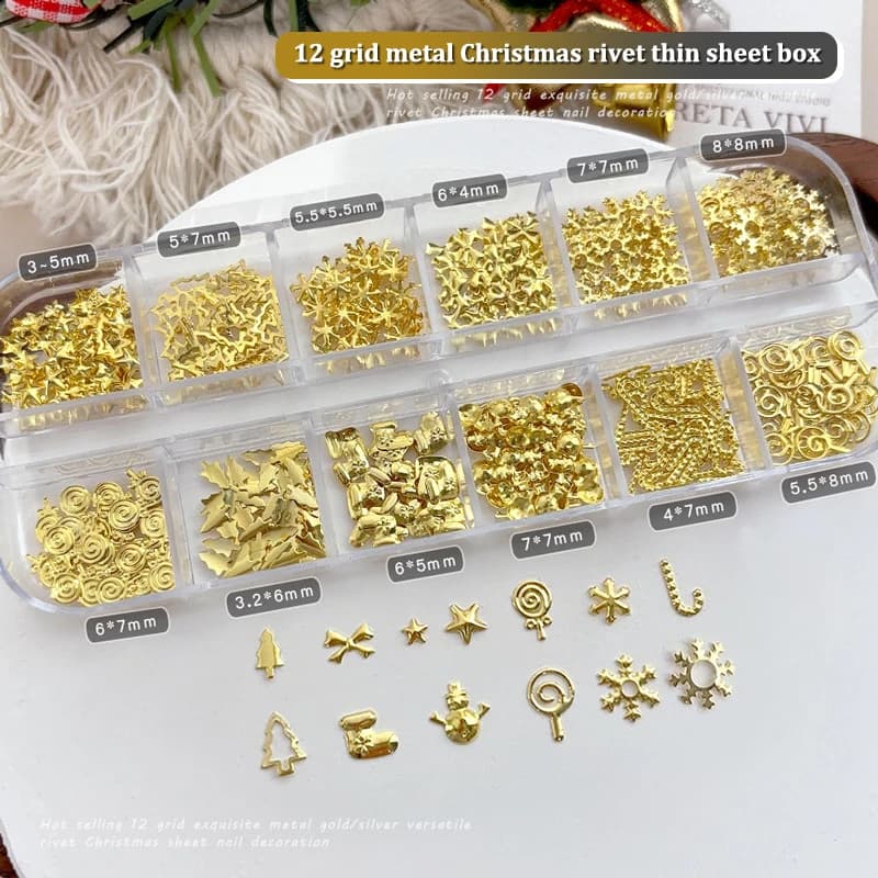 12 griglie di Natale fetta di metallo albero di Natale fiocco di neve lecca-lecca ingranaggio stella oro argento nail art paillettes decorazioni ciondoli per manicure