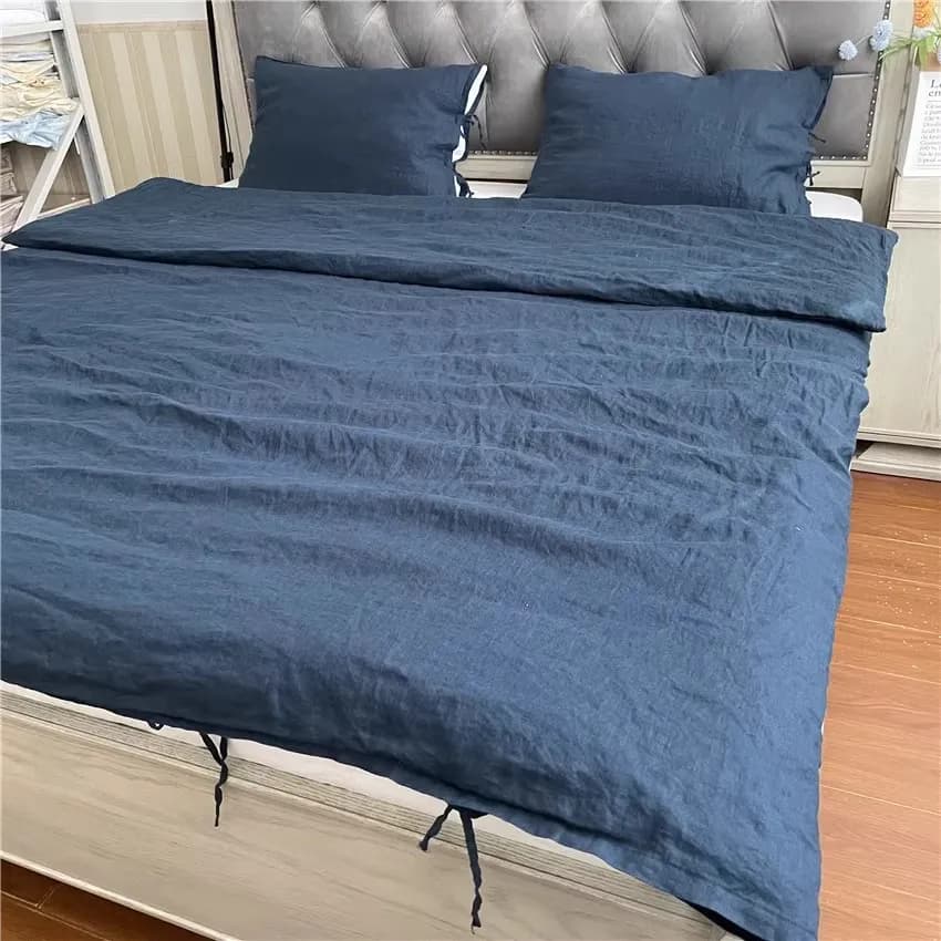 Bedding Set, 3Pcs 100% Linen with Bowknot Ties French Washed Breathable, Queen King Size Duvet Cover and Pillowcases