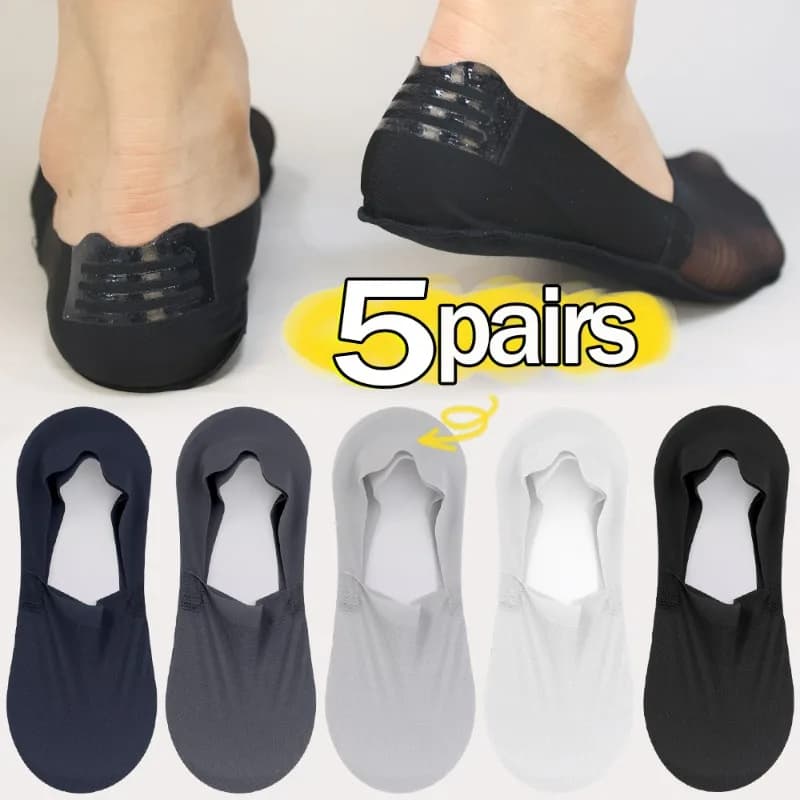1/5pairs Men Boat Socks Invisible No Show Socks Breathable Mesh Cotton Bottom Anti Slip Thin Low Cut Male Shoes Liner Hosiery