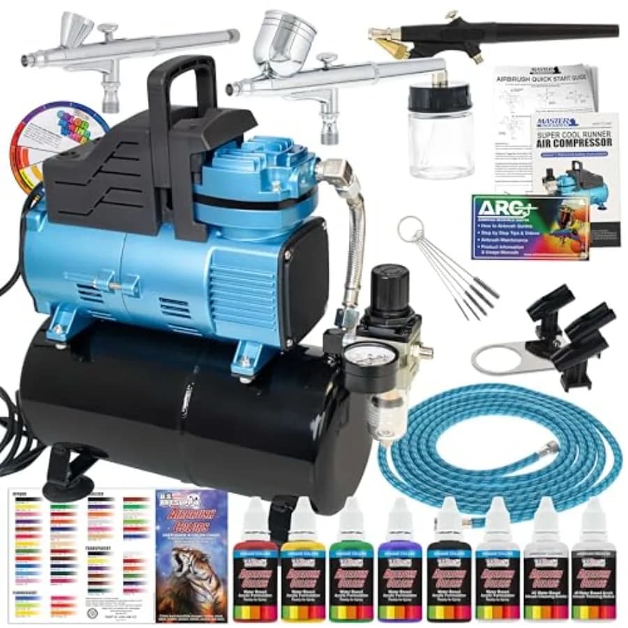 Cool Runner Dual Fan Air Compror with Storage Tank - Profional Airbrushing System Kit with 3 Airbrushes Gravity and Siphon Feed