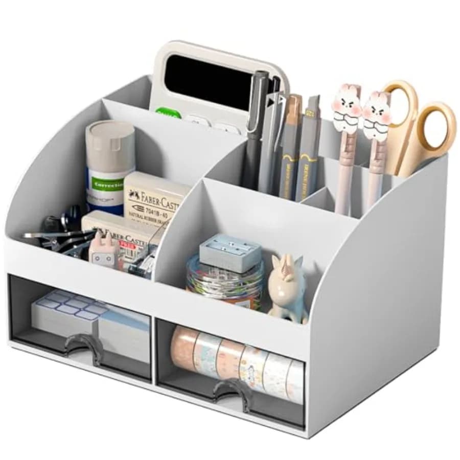 Desk Organizer with 6 Compartments and 2 Drawers, Plastic Makeup Organizer, Pen Holder for Desktop Storage, Desk Organization f