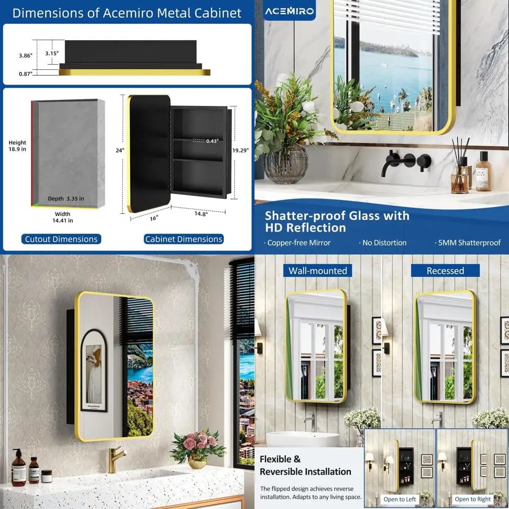 Armadietto dei medicinali con specchio da 16 x 24 pollici con cornice dorata, supporto da parete o da incasso per bagno
