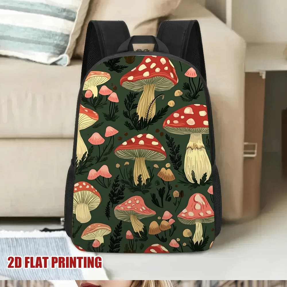 Zaino con stampa piatta 2D Mushroom Garden da 1 pezzo - Elegante borsa da scuola in poliestere con tracolla rimovibile, leggera, regolabile