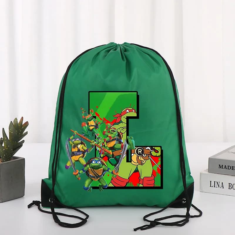 Zaino con Coulisse delle Tartarughe Ninja per Ragazzi, Lettere A-Z, Borsa Sportiva Impermeabile per Vestiti e Scarpe, Regalo