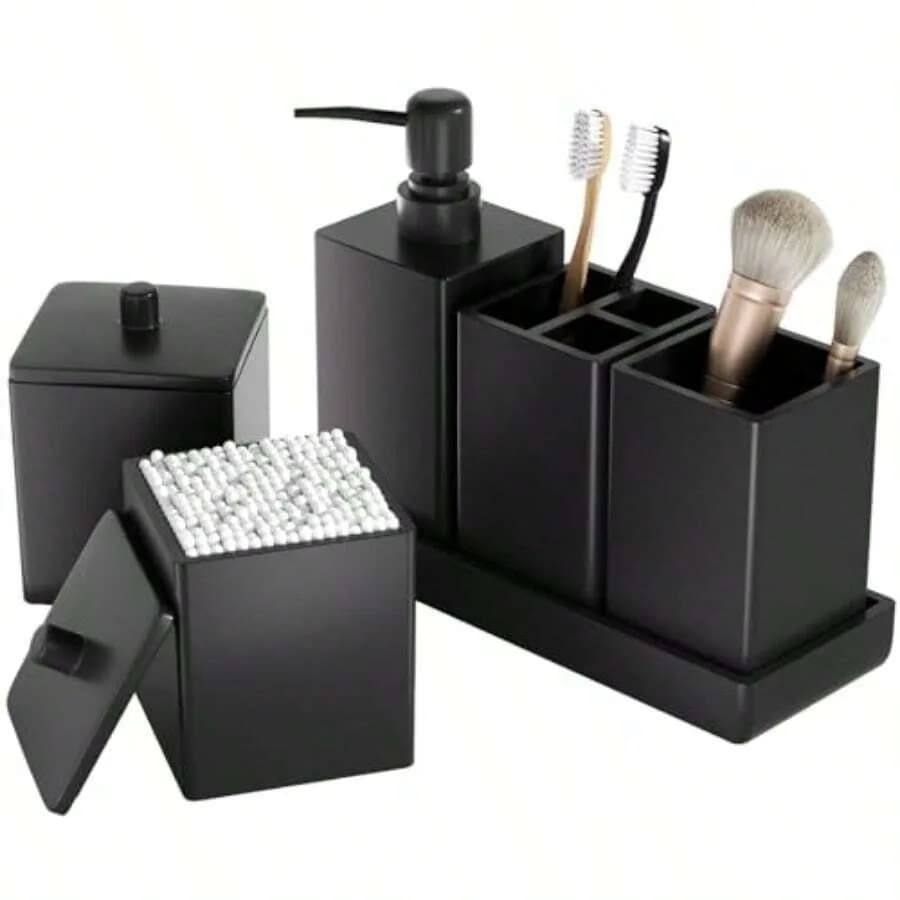 Black Bathroom Accories Set Resin 6PCS Square Toothbrush Holders Set Complete With Soap Dispenser Vanity Tray Tumbler Cups And