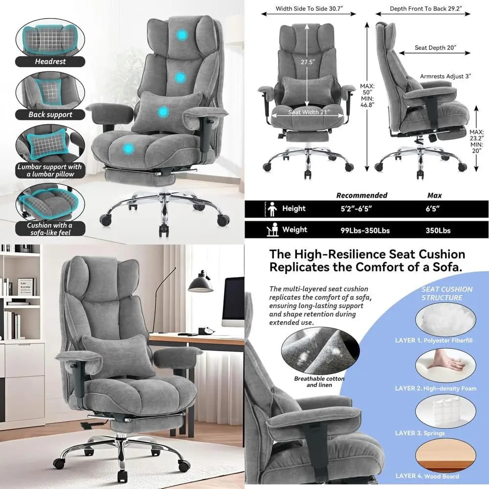 Sedia da Ufficio Ergonomica con Cuscino Morbido e Poggiapiedi, Sedie da Scrivania in Tessuto per Casa e Ufficio, Sedie Grigie di Grandi Dimensioni
