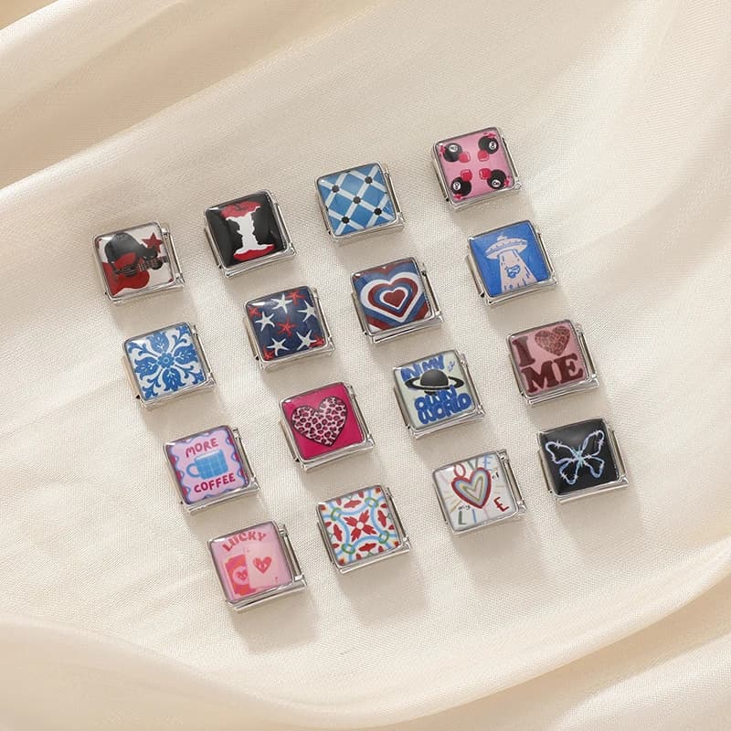 New Y2K Design Leopard Heart Ball Guitar Cat Spaceship Lucky Card A Italian Charms Fit 9mm Stainless Steel Bracelet DIY Handmade