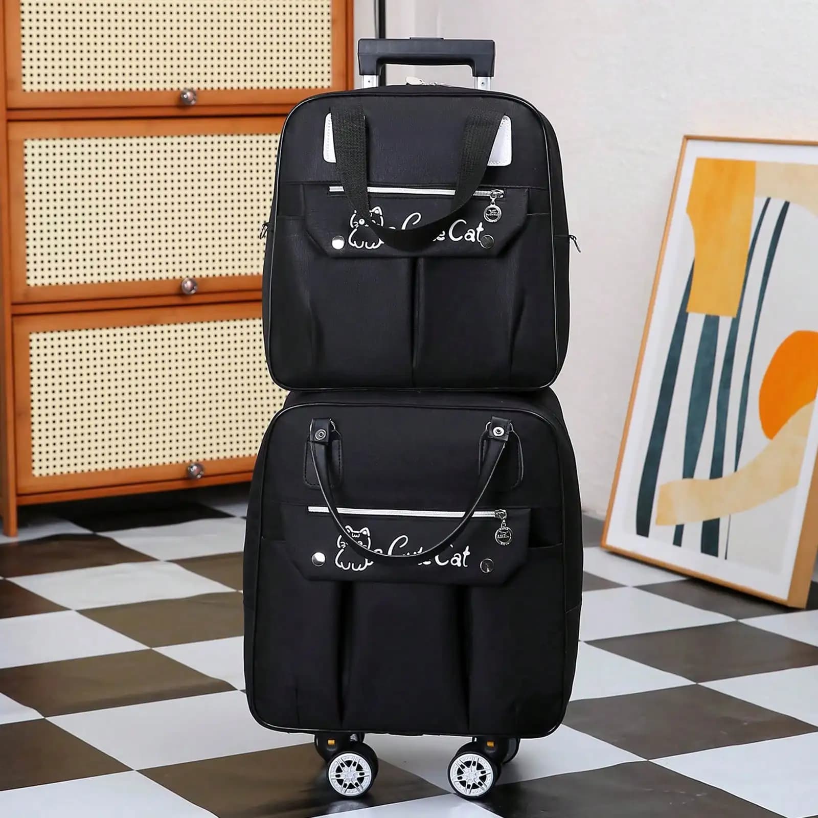 2pcs/Set Rolling Underseat Carry On Luggage Spinner Set Expandable Softside Upright Suitcase Set Wheeled Travel Bag