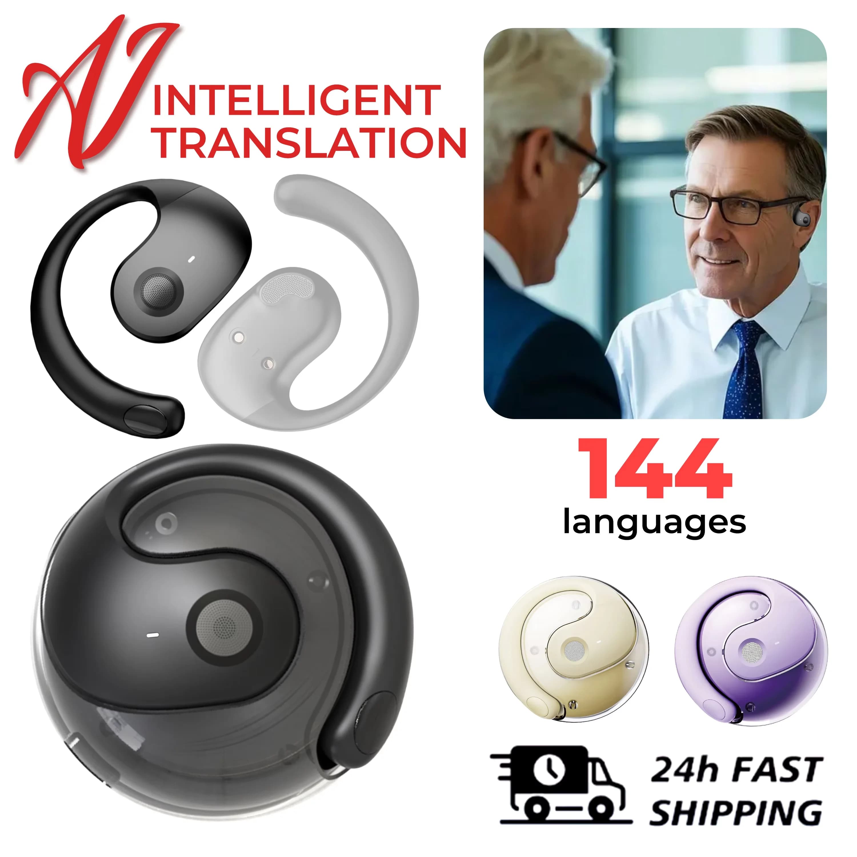 Auxiliary translator AI | 144-Lang in real time | BT wireless | Waterproof | Smart Voice (Please note the difference: Trans/Orig)
