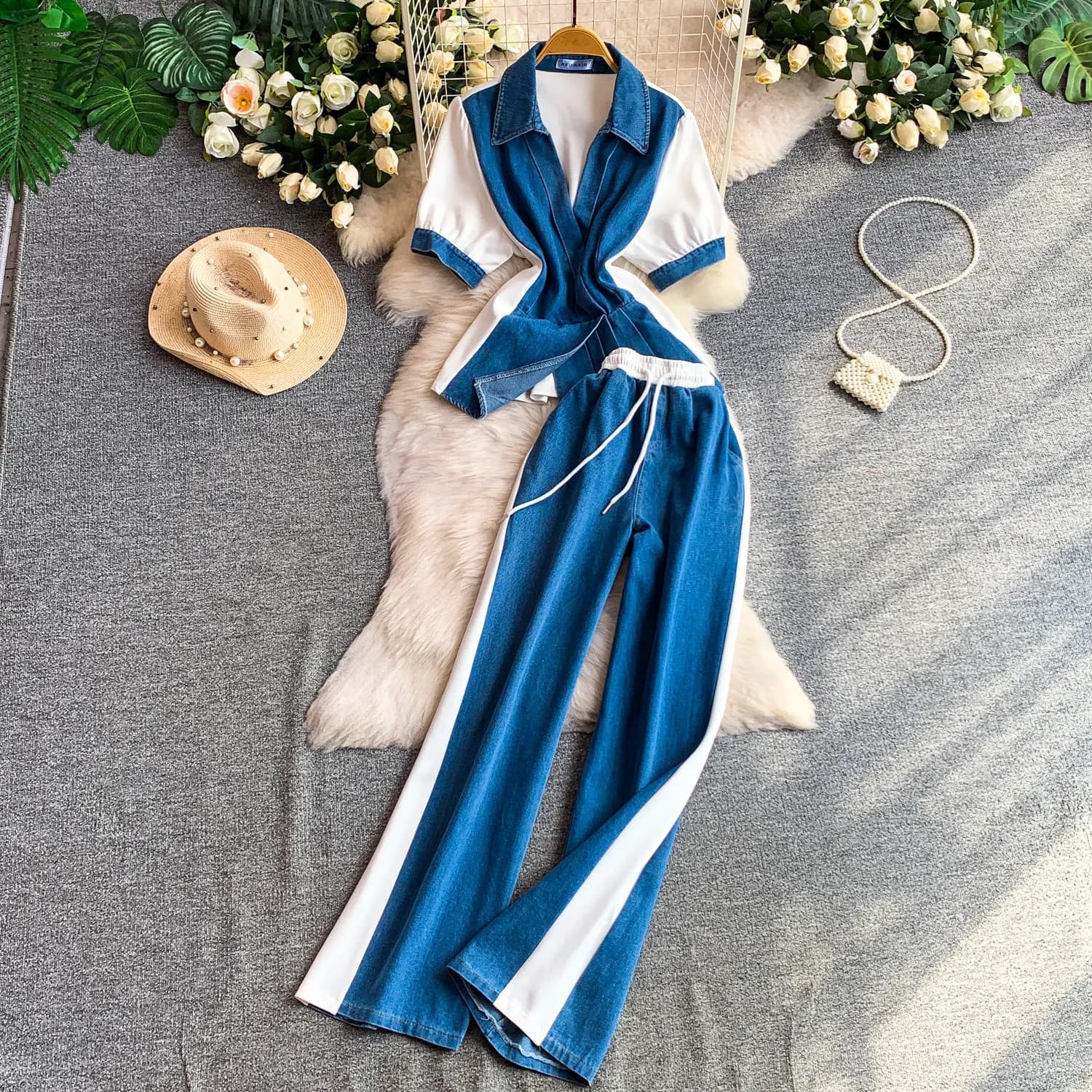 Women's Matching Sets Jean Denim 2 Piece Outfits V Neck Patchwork Denim Blouse Tops Wide Leg Jeans Two Piece Outfit Woman