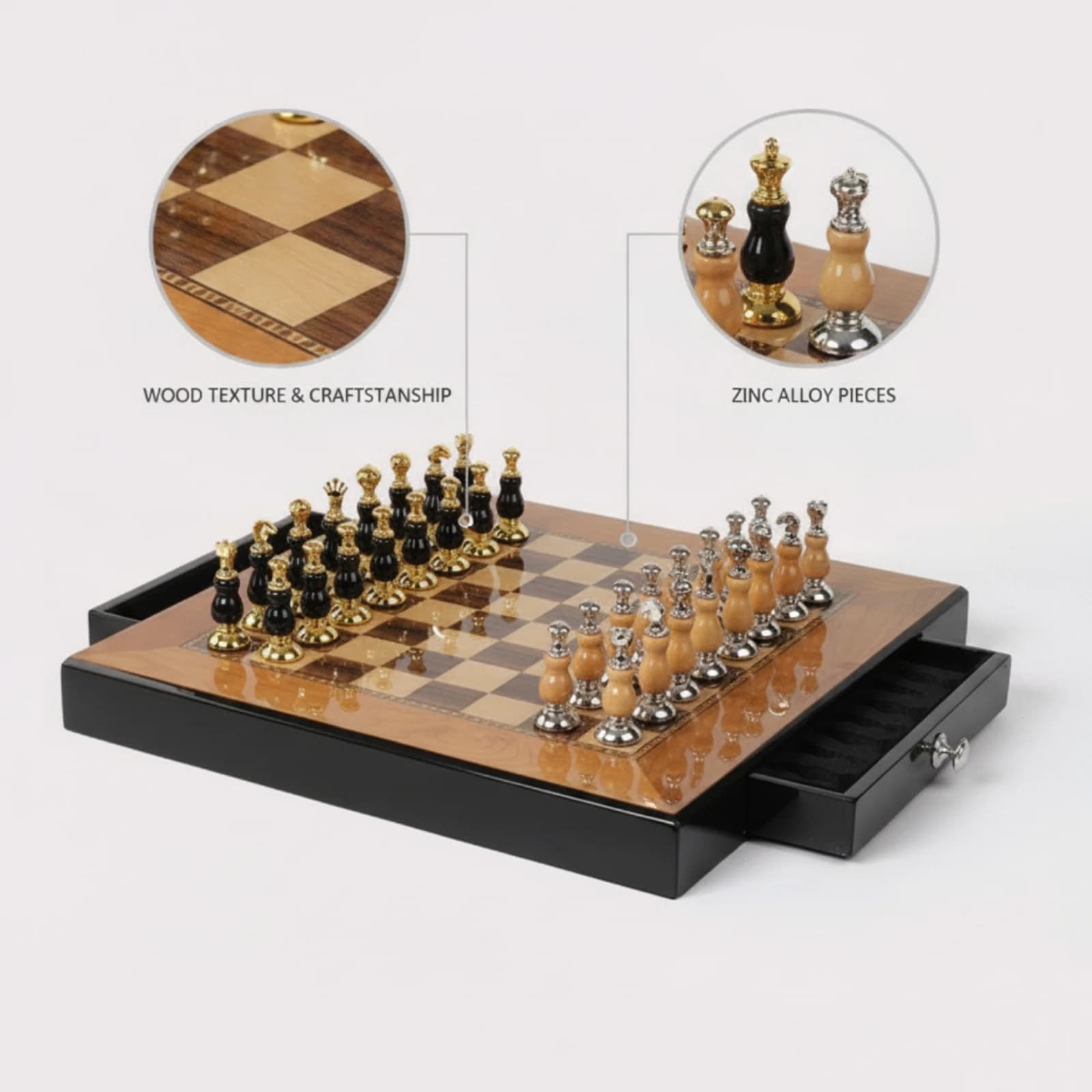 Chess Set with Drawers Glossy Chess Board with Drawers Chessboard Shiny Strategy Game Ornate for Collectors, Study