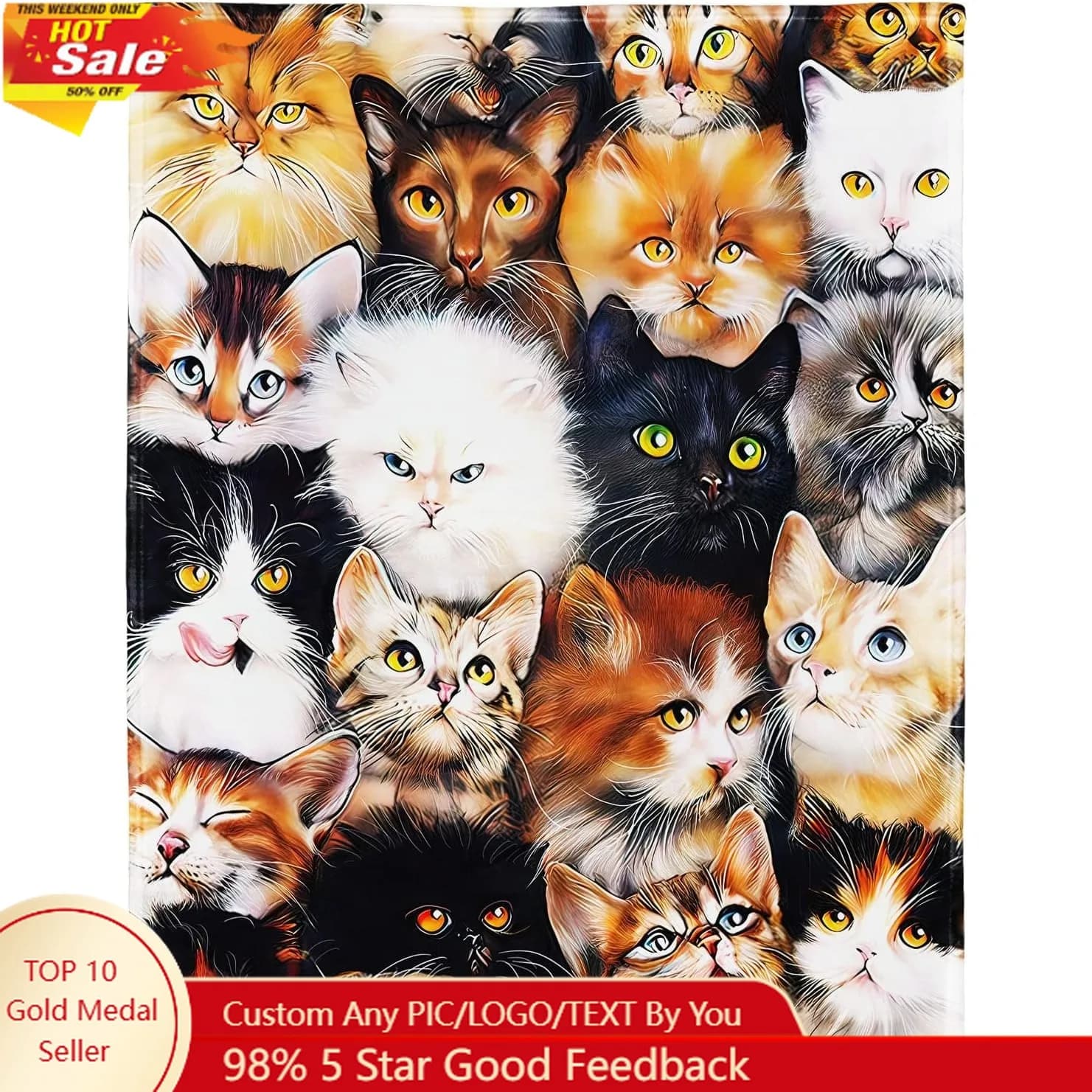 Coperta per animali domestici con collage di razza di gatti carini, comfort, calore, morbida peluche, per divano, 60 x 80 pollici