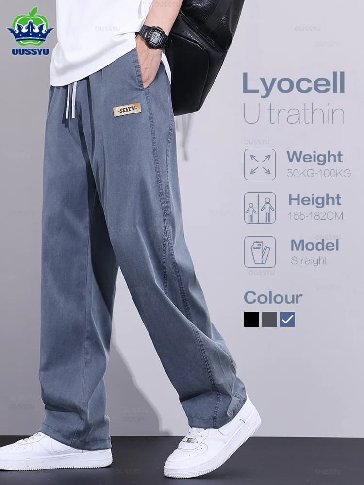 Brand Clothing Summer Luxury Soft Lyocell Fabric Jeans Men Thin Loose Wide Leg Pants Elastic Waist Casual Trouser Male Plus Size