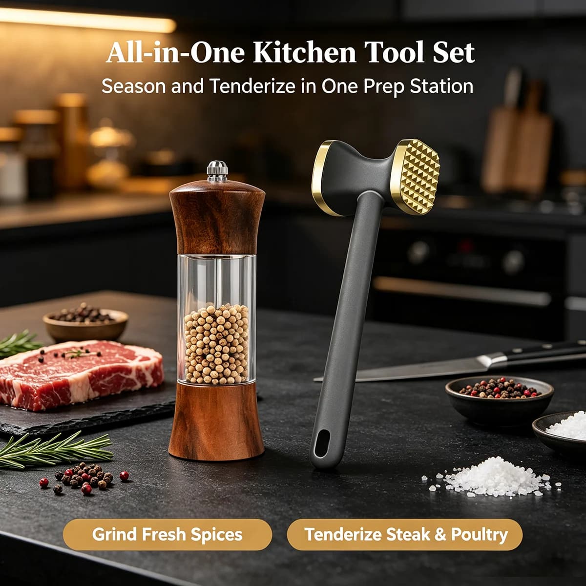 2pcs Set,Acrylic Pepper Grinder Mill for Freshly Ground Pepper- Adjustable Spice Jar,Tendon Breaker & Meat Tenderizer Hammer