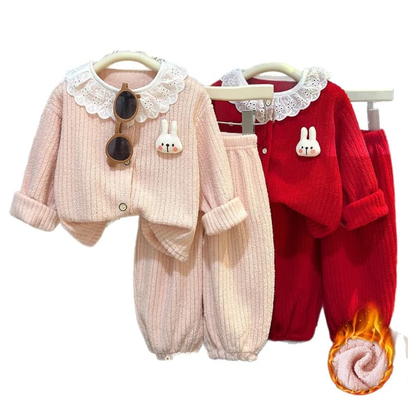 Baby Girls' Fall Winter Flannel Thickened Set Cute Bunny Home Pajamas Lace Cardigan & Long Pants Christmas Loungewear Outfit