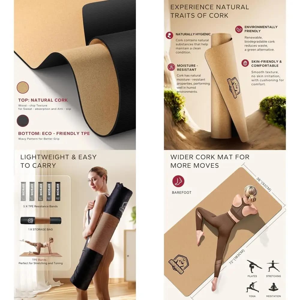 Tappetino yoga ecologico in sughero 72x36 con ammortizzazione da 6 mm, superficie antiscivolo e accessori bonus