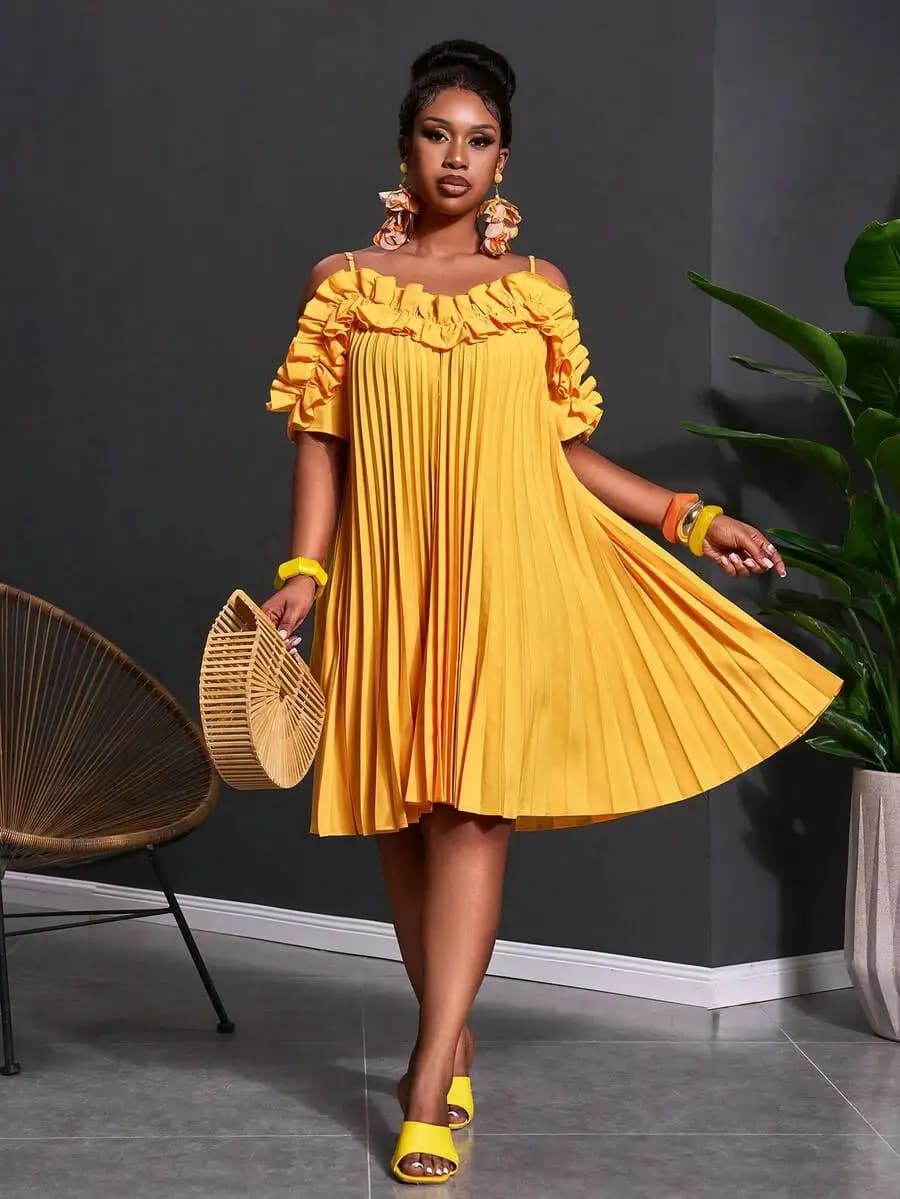 Off Shoulder Ruffle Pleated A-Line Loose Babydoll Dress Yellow