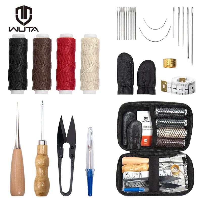 WUTA Kit di riparazione in pelle per scarpe Mobili per cucire Riparazione di divani Set di strumenti di lavoro Filo cerato Strumenti artigianali Cucitura a mano Quilting Punteruolo