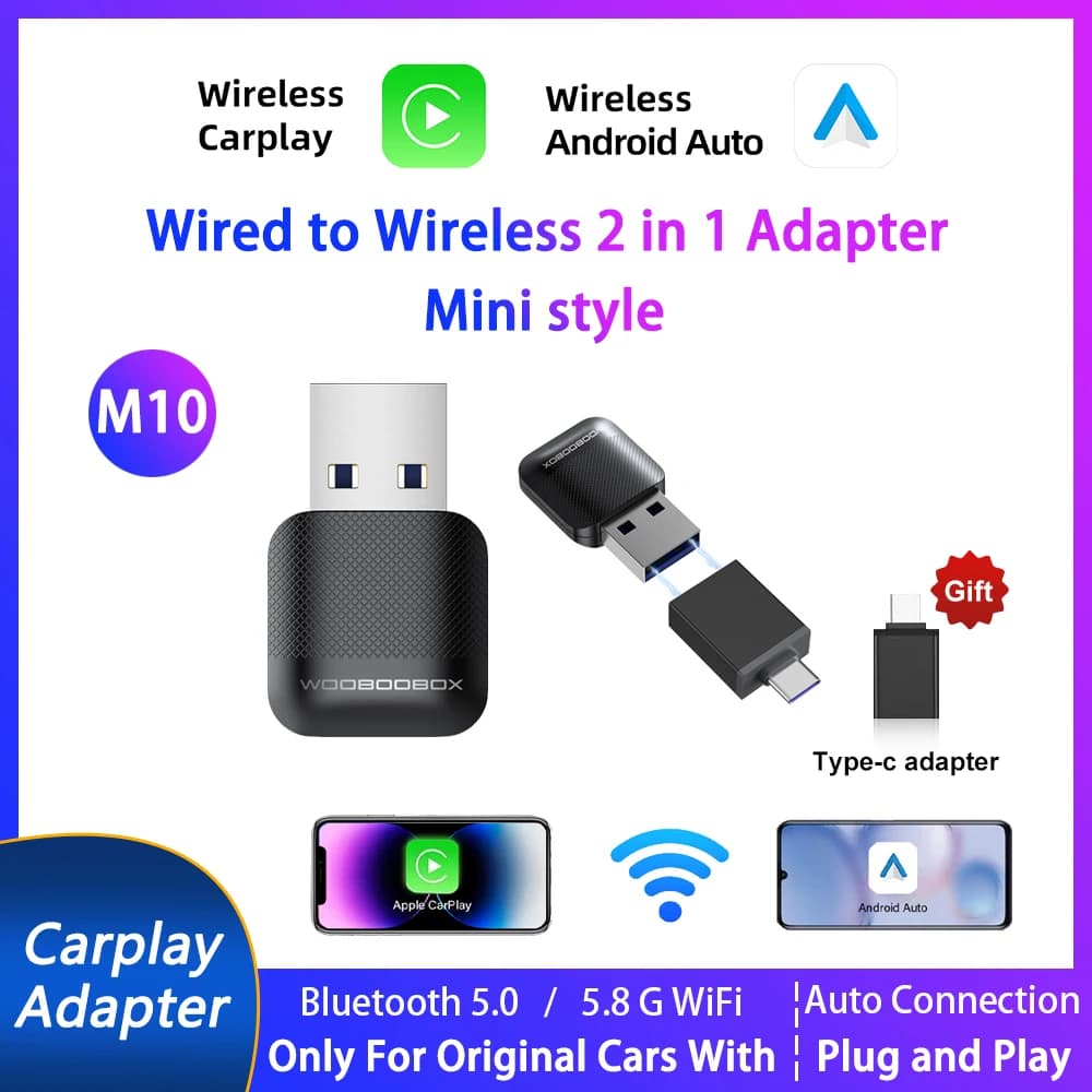 Nuovo mini adattatore CarPlay 2 in1 cablato a wireless Android Auto Smart Box Adattatore automatico Plug and Play USB BT5.0/5.8G WIFI