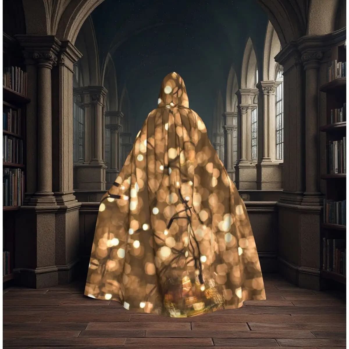 Mantello Lungo con Cappuccio Effetto Luci Fatate, Costume da Strega Medievale, Mantello per Cosplay, Cappotto di Halloween per Adulti Unisex