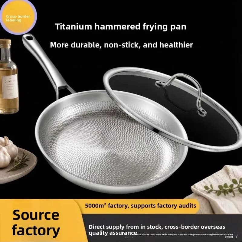 Three layer steel pure titanium frying pan fish scale hammer pattern gas stove uncoated gas stove universal flat bottomed pan