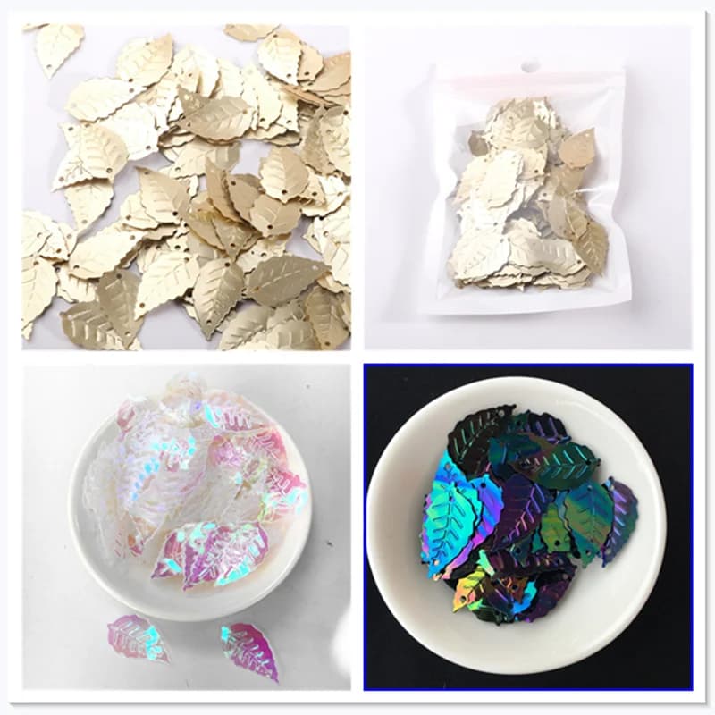 100 pezzi oro opaco 13 * 22mm paillettes a forma di foglia con 2 fori e paillettes adesivo glitter per cucire su stoffa, accessorio per indumenti da donna fai da te