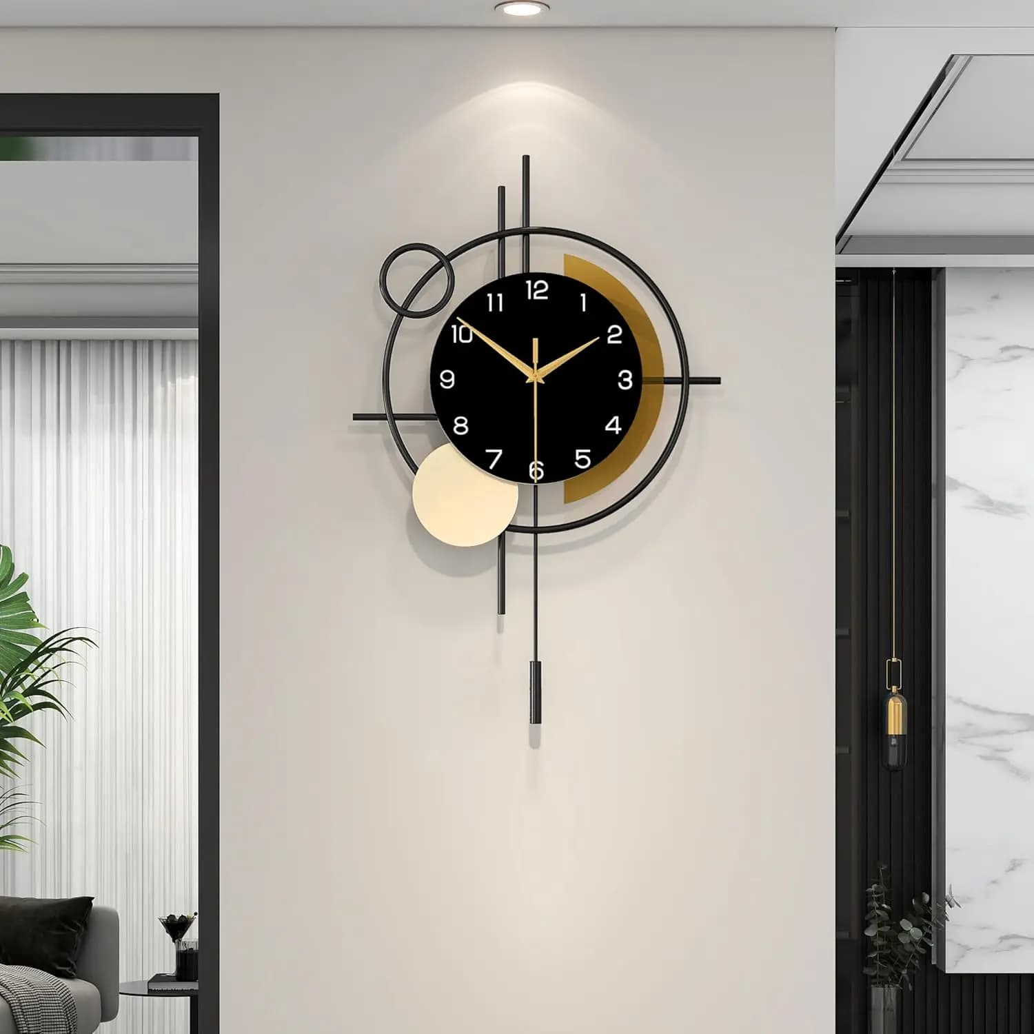 Grande Orologio da Parete Silenzioso al Quarzo con Pendolo per Soggiorno, Cucina, Camera da Letto, in Metallo Nero, 13,8x21,3 Pollici