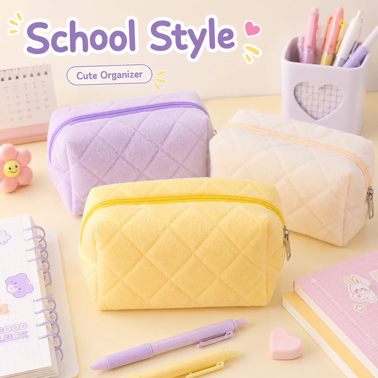 Solid Color Portable Quilted Pencil Case, Student Portable Stationery Storage Bag, Stylish Back-to-School Season Gift