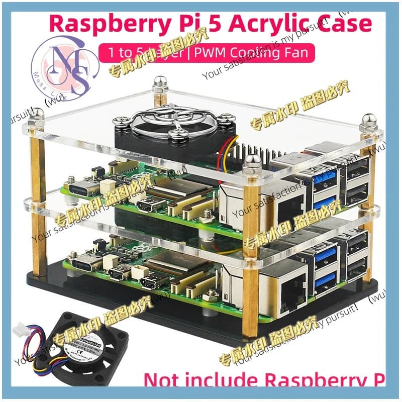 Raspberry Pi 5 Acrylic Case Transparent Shell with PWN Cooling Fan Stackable Plate Case for RPI 5 Pi5 Cluster DIY Electronic