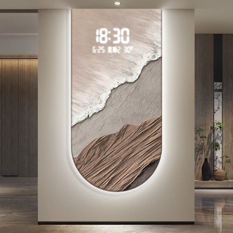 Decorazione dell'onda di induzione a comando vocale Pittura Calendario perpetuo Orologio con schermo elettronico Arco astratto con orologio luminoso