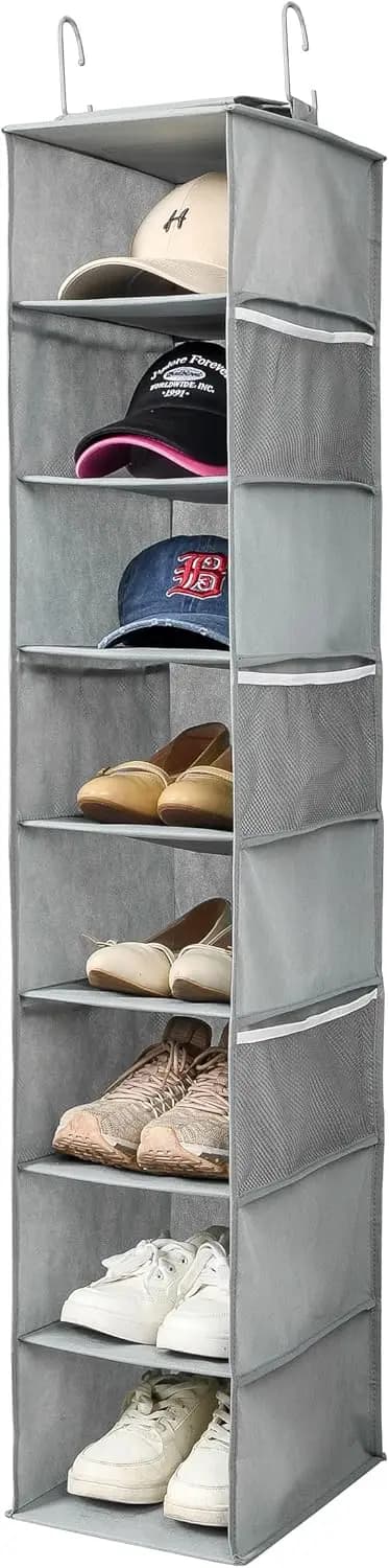 Organizer hanging 8 shelves for shoes and hats with mesh pockets, grey, closet space