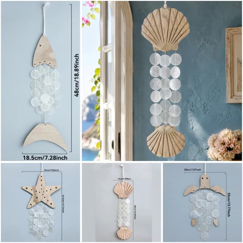 1pcs Wooden Marine Animal Capiz Shell Wind Chime Bohemian Coastal Wall Hanging Decor for Home Balcony Garden Beach Ornament Gift