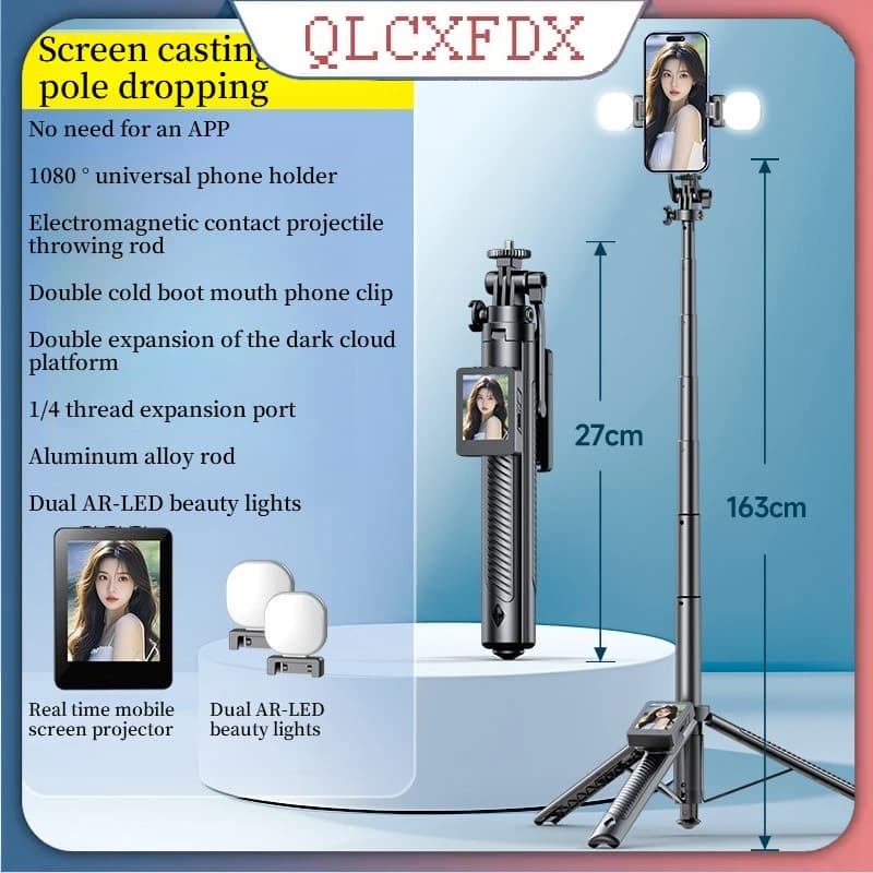 Treppiede per Selfie con Funzione di Condivisione Schermo e Luce di Riempimento, Treppiede per Telefono in Lega di Alluminio con Telecomando Bluetooth e Rotazione a 270° ° Supporto Girevole
