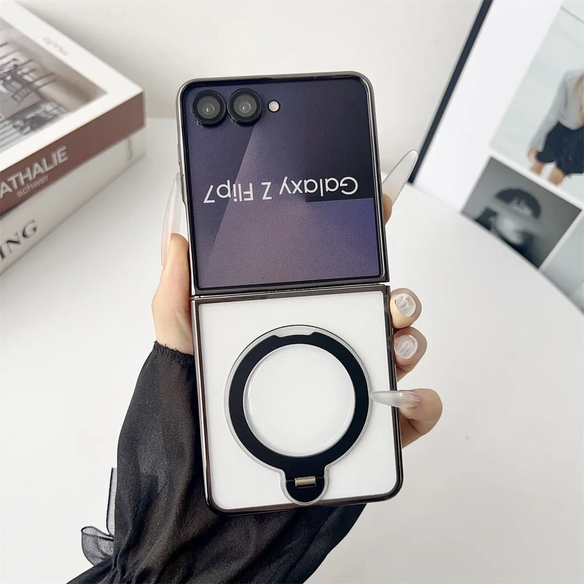 360 Rotation Ring Holder Phone Case for Samsung Galaxy Z Flip 8 7 6 5 4 Flip7 FE Electroplating Clear Magnetic for Magsafe Cover