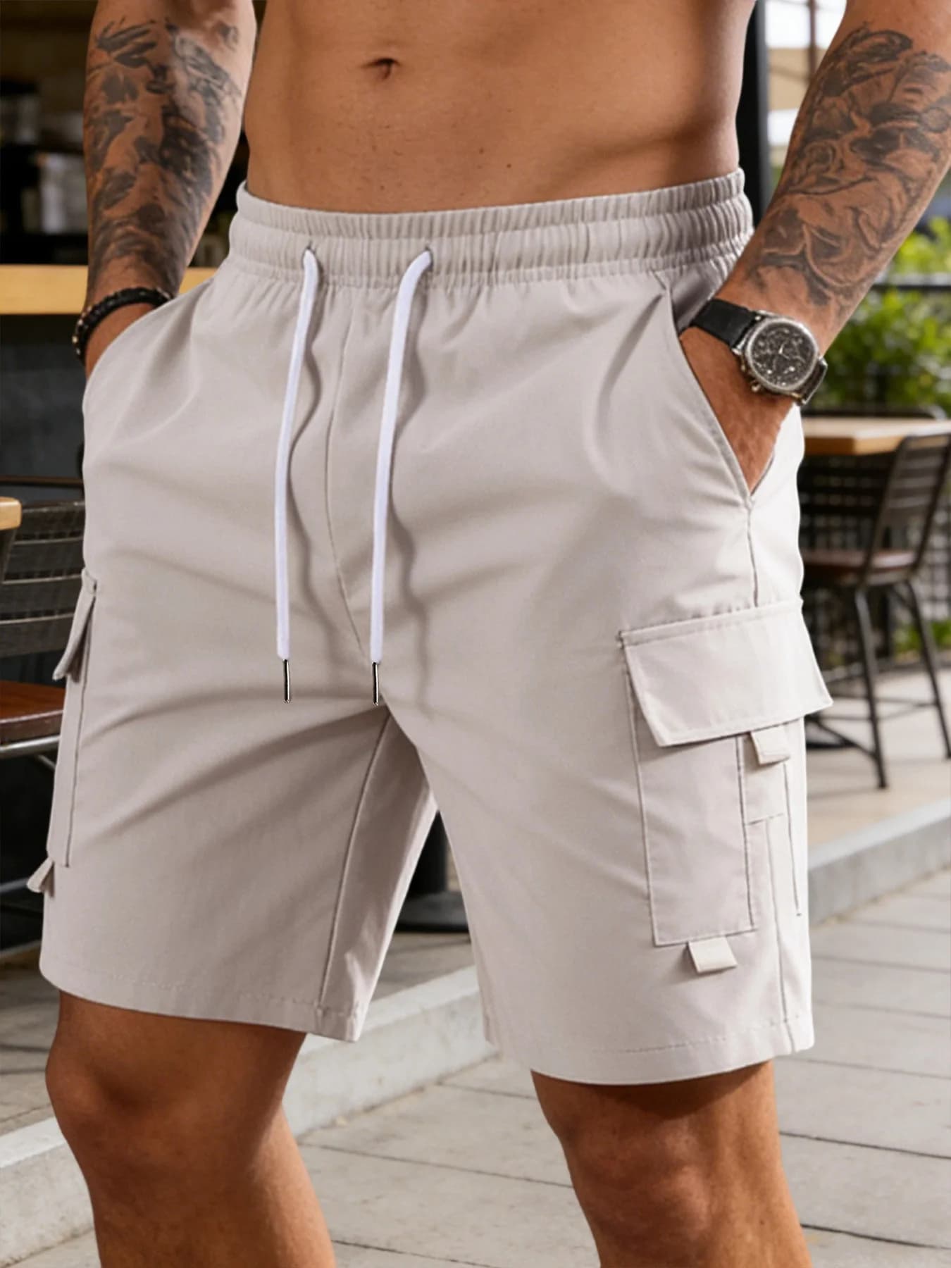 Pantaloncini cargo estivi da uomo con tasche multiple, stile da spiaggia con coulisse, per vacanze, casual, da tutti i giorni.