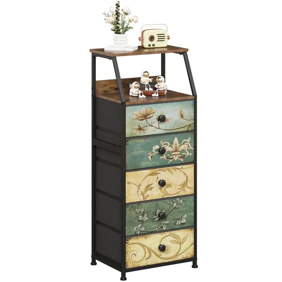Bedside table with drawers in fabric 15.7"D x 11.8"W x 39"H, 2-level shelf, side table for sofa, organizer
