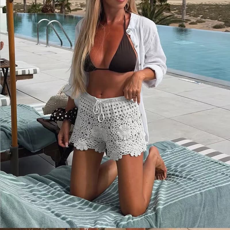 Simple Elastic High Waist Lace Up Slim Fit Women's Shorts Casual Bodycon Vacation Shorts Summer Beach Solid Color Crochet Shorts