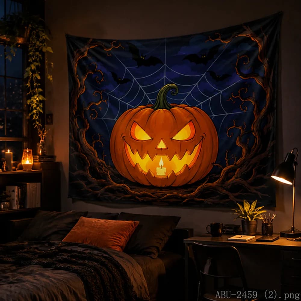 VIKAMA Halloween Tapestry, Bat Silhouettes and Haunted House, Classic Horror Theme Wall Hanging for Halloween Party Decor
