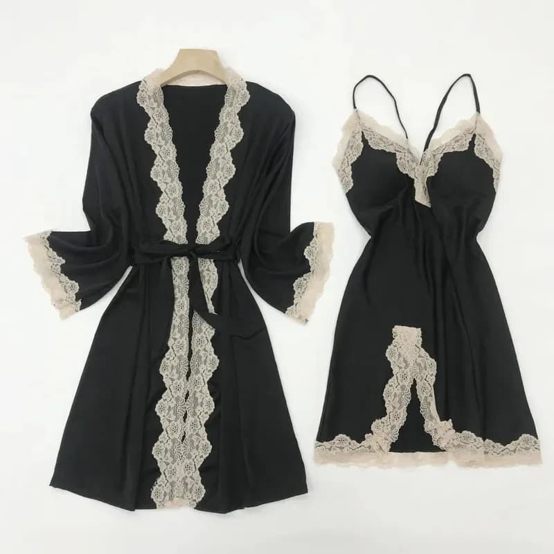 Vestaglia Kimono in Pizzo con Camicia da Notte a Bretelle, Abito da Notte Femminile, Accappatoio Estivo, Lingerie Sexy in Raso, Camicia da Notte con Bretelle d'4o