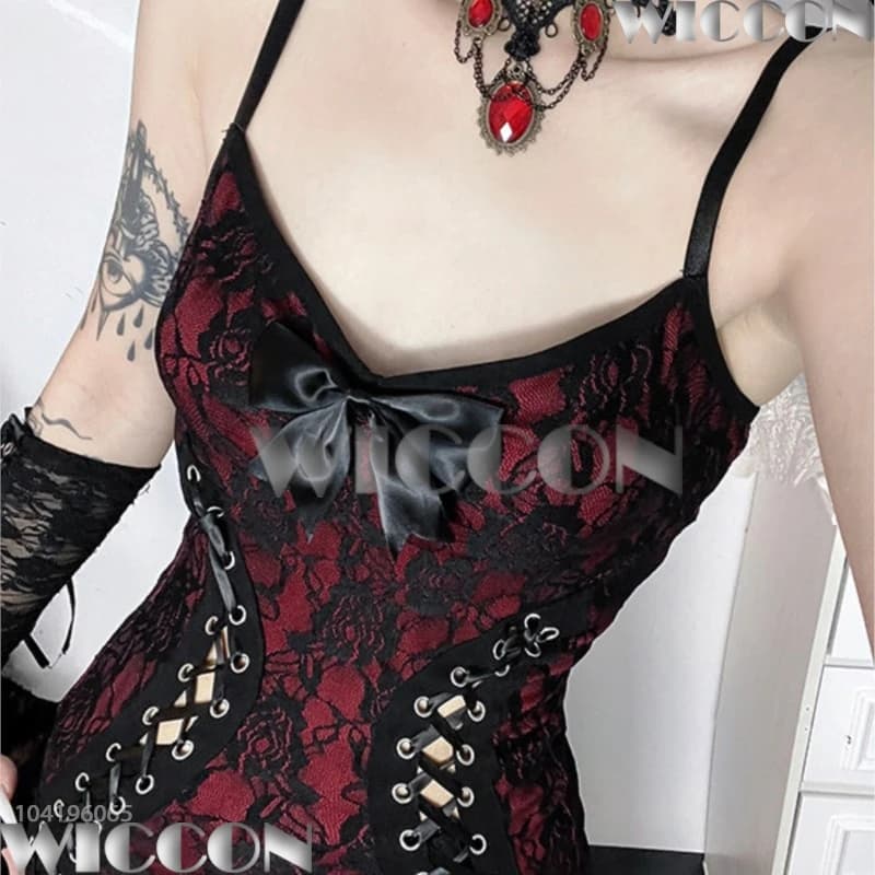 Abito Gotico in Pizzo con Spalline Sottili Rosso, Vestito Aderente con Spacco Alto, Cosplay Donna Jirai Kei Y2k Lolita Halloween Natale Carnevale
