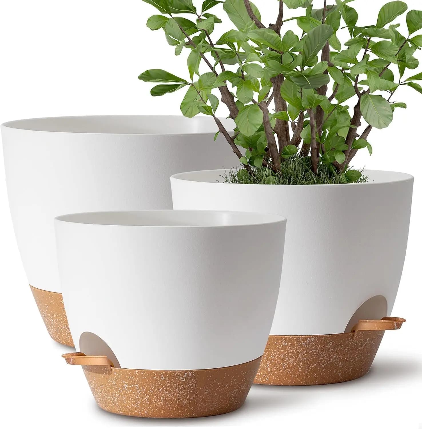 Set di 3 vasi autoirriganti, 12/10/9 pollici, per piante da interno ed esterno, con fori di drenaggio e sottovaso, bianchi