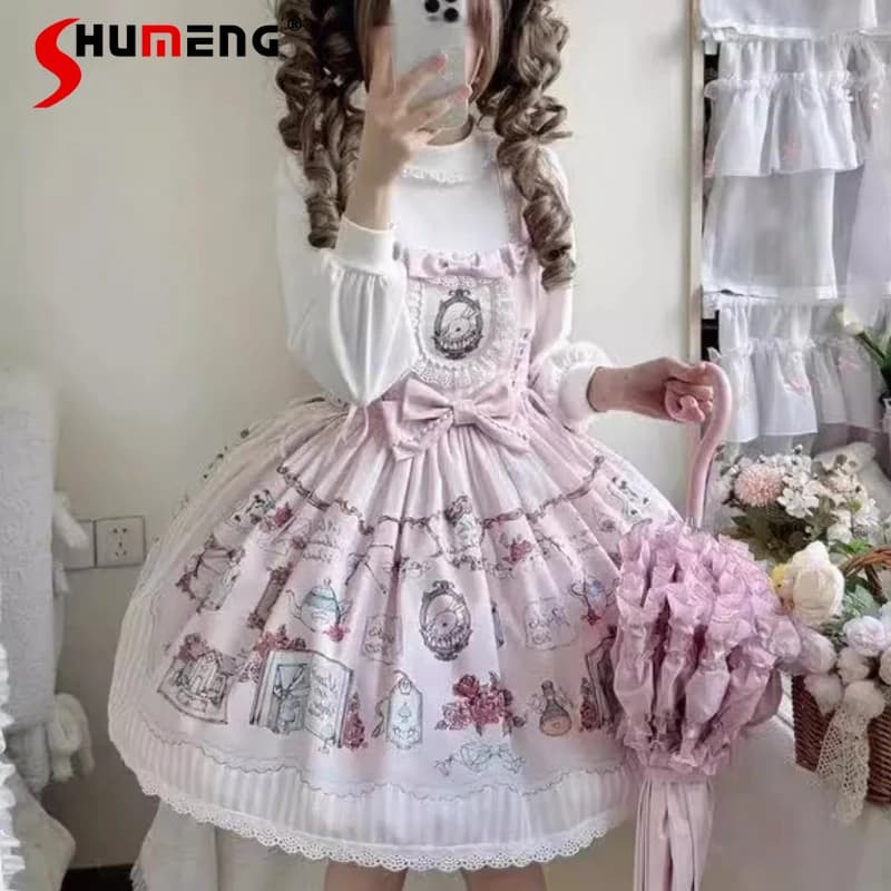 Mini abito originale stile Lolita per ragazze dolci Jsk Summer giapponese Kawaii con stampa fiocco carino abiti da compleanno quotidiani per le donne
