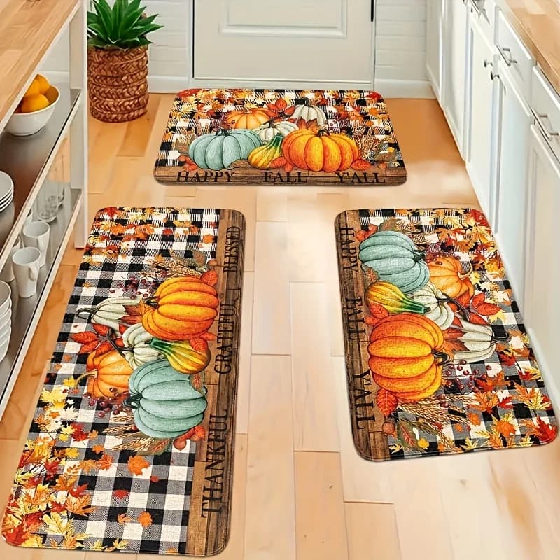 Autumn Thanksgiving Kitchen Mats Fall Pumpkins Maple Leaves Plaid Non-Slip Door Mat Hallway Entrance Welcome Rugs Autumn Decor