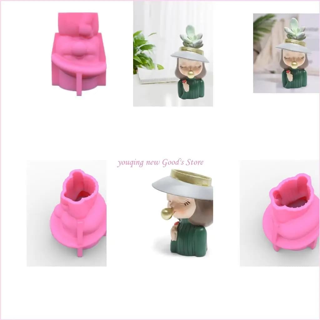 57QA Close Eyes Girl Flower Pot Silicone Mold Epoxy Resin Casting Pot Mold